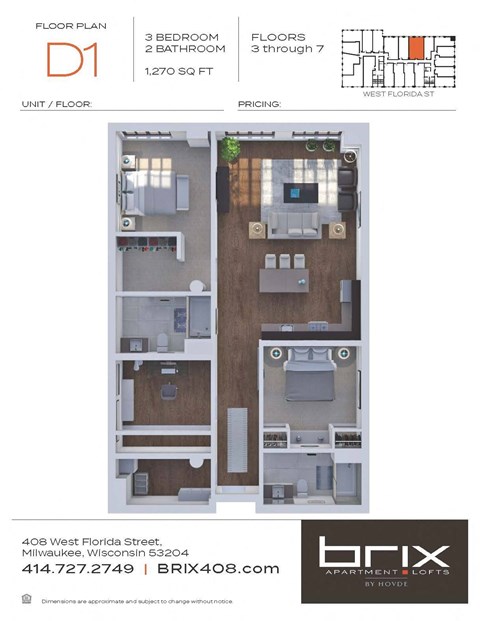 Floor plan for 3 beds, 2 baths, 1270 sqft